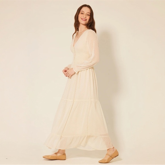 Patrons of Peace Altura Boho Maxi Dress Cream V-Neck Sheer Sleeve Medium - Picture 2 of 4